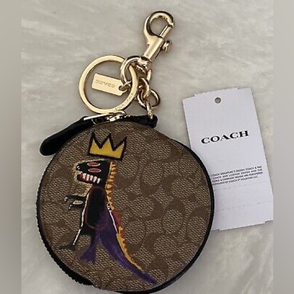 NWT COACH JEAN BASQUIAT SIGNATURE CANVAS CIRCULAR KEYRING ZIP COIN POUCH - Picture 1 of 7